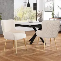 MODFU Eetkamerstoel set van 2, fluwelen stof, met armleuningen en lendensteun, beige met gouden metalen poten