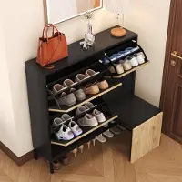 STILVORA Schoenenkast - Slim Opbergmeubel Met Uittrekbare Zitbank En Compartimenten Voor 12-16 Paar Schoenen - MDF - 100x25x100 cm - Zwart+Notenbruin