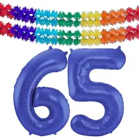 Folat Verjaardag Leeftijd folieballon - 65 jaar - blauw - 86 cm - cijferballon groot - incl 2x feestslingers
