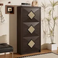 STILVORA Schoenenkast - Vintage Met Rattan-Decor En 3 Kantelvakken - Ruimtebesparend Verticaal Ontwerp - Spaanplaat - 54x25x115 cm - Houtkleur