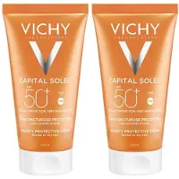 VICHY Capital Soleil Spf50+ Fluweelachtige Zonnecrème | Normale tot Droge Huid | Gelaat 2x50 ml Zonnecrème
