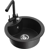 Mexen Diego granieten spoelbak 1-komorige met Duero keukenkraan, zwart/zilver metallic - 6512-73-671600-70