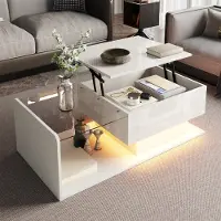 OKWISH Salontafel - In Hoogglans - In Hoogte Verstelbaar - Met Glazen Blad En Sfeerverlichting - Voor Woonkamer - Wit - 100x50x33-47,5 cm
