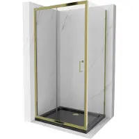 Mexen Apia douchekabine schuifdeur 130 x 70 , transparant, goud + Flat douchebak, zwart - 840-130-070-50-00-4070G