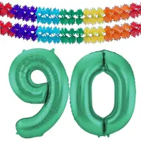 Folat Verjaardag Leeftijd folieballon - 90 jaar - groen - 86 cm - cijferballon groot - incl 2x feestslingers