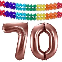 Folat Verjaardag Leeftijd folieballon - 70 jaar - rosé goud - 86 cm - cijferballon groot - incl 2x feestslingers