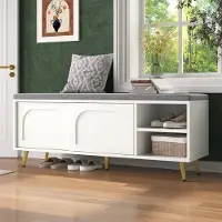STILVORA Schoenenbank Met Zitkussen En Opbergruimte Met Deuren En Planken - Voor Hal En Slaapkamer - Spaanplaat - Wit - 121x35x49 Cm