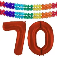 Folat Verjaardag Leeftijd folieballon - 70 jaar - rood - 86 cm - cijferballon groot - incl 2x feestslingers