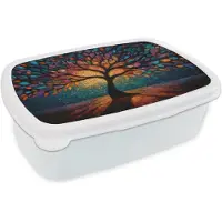 MuchoWow Broodtrommel Wit - Lunchbox Mozaïek - Kleurrijk - Boom - Takken - Brooddoos 18x12x6 cm - Brood lunch box - Broodtrommels voor kinderen en volwassenen
