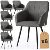 Akord Set van 6 Eetkamerstoelen LUXANO met Armleuningen / Gestoffeerde Stoelen en Metalen Poten / Lumos-stof / Antraciet met zwarte benen