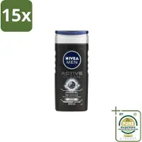 Nivea 15 x Men Douchegel Active Clean 250 ml - Grootverpakking - Douchegel Mannen - Actieve Houtskool - Reiniging Huid - Vuil Verwijderen - Talg Verwijderen