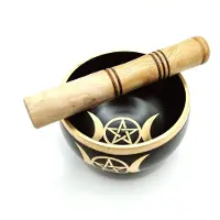 Green Tree Candle Singing bowl triple moon 11 cm. - Klankschaal Pentagram zwart goud