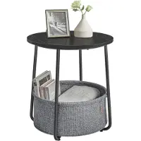 Vasagle Ronde bijzettafel met stoffen mand, Ebbenhout Zwart + Leigrijs