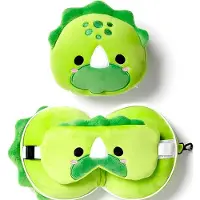 Relaxeazzz Dinosaurus knuffel/reiskussen/slaapmasker - 2-in-1 set - voor kinderen- in vliegtuig of auto