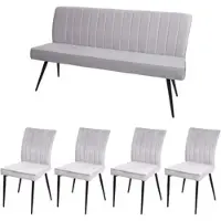 Mendler Eetkamer set HWC-K16, 4-delig: 4 stoelen + bank. Eetkamer set, zitgroep, eetkamergarnituur, fluweel, metaal, lichtgrijs