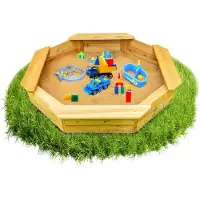 Sally Zeshoekige Zandbak Hout Bruin met Zwart Grondzeil 125 x 125 x 20 cm Zandbak 4 Zitplanken