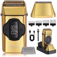 Hatteker Elektrisch Scheerapparaat voor Mannen – 2-in-1 Scheer- en Trimgapparaat – Tondeuse – Foliescheerapparaat met 3 Snelheidsstanden en Oplaadbasis – IPX7 Waterdicht – Magnetische Scheerkop – Goud
