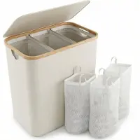 Somstyle Wasmand 3 Vakken - 75 x 57 x 37 CM - Wassorteerder met Deksel - 160 Liter - Uitneembare Binnenzak & Labels - Crème Wit