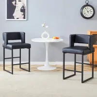 OKWISH Barstoel Set Van 2 - 91,4 Cm Zithoogte - Vierkante Zitting Met Dik Kussen - Stevig Metalen Frame - PU Kunstleer - Zwart