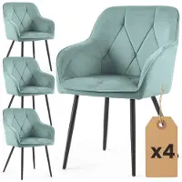 Akord Set van 4 Eetkamerstoelen DIAMANTE met Armleuningen / Gestoffeerde Stoelen / Fluwelen Stoelen en Metalen Poten / Turkooizen kleur met zwarte benen