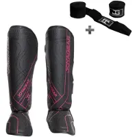 Joya ESSENTIAL Scheenbeschermers – Kickboksen/Muay Thai/MMA – Zwart/Roze – Maat S – Ergonomische pasvorm, schokabsorberende padding – Inclusief Bandage