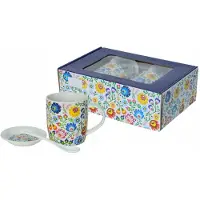Folk Set van 2 Porseleinen Mokken met Schotels & Lepels - 340ml