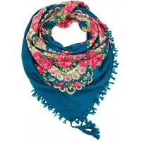 Folk sjaal met bloemen en franjes - dames, one size, zeeblauw