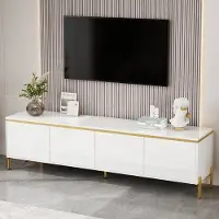 OKWISH Tv Meubel - Hoogglans Met Goudkleurige Accenten - Met Opbergruimte En Kabeldoorvoer - Wit Spaanplaat - 170×38×50 Cm