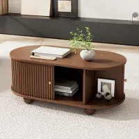 OKWISH Salontafel - Ovaal Design Met Opbergruimte - Woonkamer En Kleine Ruimtes - MDF Walnootkleur - 100 x 50 x 40 cm