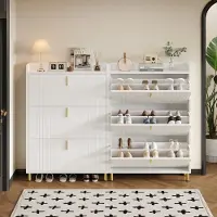 STILVORA Schoenenkast Set - 2-Delig Met 3 Niveaus En 25 kg Draagkracht Per Plank - MDF - Mat Wit Met Goudkleurige Metalen Poten En Grepen - 80x23x123.5 cm