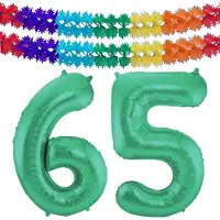 Folat Verjaardag Leeftijd folieballon - 65 jaar - groen - 86 cm - cijferballon groot - incl 2x feestslingers