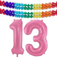 Folat Verjaardag Leeftijd folieballon - 13 jaar - roze - 86 cm - cijferballon groot - incl 2x feestslingers