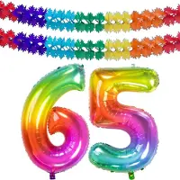 Folat Verjaardag Leeftijd folieballon - 65 jaar - multi kleuren - 86 cm - cijferballon groot - incl 2x feestslingers