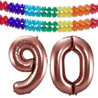 Folat Verjaardag Leeftijd folieballon - 90 jaar - rosé goud - 86 cm - cijferballon groot - incl 2x feestslingers