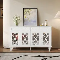 MODFU Sideboard met Vier Spiegelturen, Schuifdeurkast met Lades, Verstelbare Planken en Kristallen Handgrepen