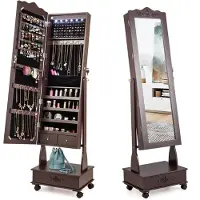 Costway Sieradenkast met spiegel, led-sieradenspiegelkast met lade, sieradenorganizer, afsluitbaar, op wieltjes, ideaal voor opslag en make-up