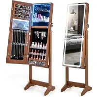 Costway Sieradenkast met spiegel, spiegelkast met 3-kleurige ledverlichting, afsluitbaar, vrijstaand, kantelbaar, sieradenrek met laden, 41 x 38,5 x 151 cm