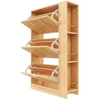 Merax Smalle Houten Schoenenkast - 3 Kleppen - Open Zijvakken - Schoenenopberger Voor Hal En Gang - Natuurlijk Hout Bruin - 70x23 5x115 cm