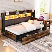 STILVORA Bedframe 90x200 cm van metaal en hout – naturel – minimalistisch met opbergruimte en uitschuifbaar bureau