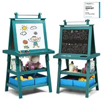 Costway 3-in-1 kinderschildersezel, kinderbord dubbelzijdig, whiteboard & krijtbord & tekenpapier, staande tafel incl. magneten, 2 legplanken, houten bord met 2 opbergdozen (blauw)