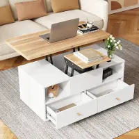 OKWISH Salontafel - In Hoogte Verstelbaar En Uitklapbaar - Met 4 Lades En Wielen - MDF Naturel Hout En Wit - 100x50x47,5-62 Cm