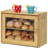 Springos Broodtrommel Voor Op Het Aanrecht - Broodmand - Bamboe Deksel - 2 Laags - 20 X 39 X 31 CM