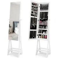 Costway Sieradenkast, staande spiegel, afsluitbaar, 2-in-1 full-body spiegel met sieradenopslag, spiegelkast met 12 leds, vrijstaand (wit)