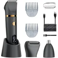 Hatteker 3-in-1 Elektrische Heren Trimmer – Baardtrimmer, Lichaamshaartrimmer & Neustrimmer – LED Display, Waterdicht, USB Oplaadbaar – Grijs