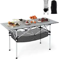 KOMFOTTEU Klaptafel van aluminium, draagbare campingtafel met luierplaat, netmand en draagtas, ruimtebesparende picknicktafel voor buiten, 119 x 55 x 69 cm (zilver)