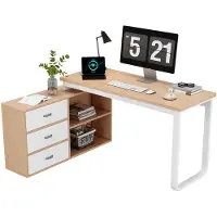 Merax Bureau 135×50 cm met 3 Laden en 2 Open Vakken – Stevig Werkblad – Metalen Frame – Licht Houtkleur met Wit