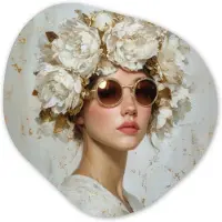 MuchoWow Organische wanddecoratie 60x60 cm - Organisch schilderij Schilderij - Vrouw - Zonnebril - Bloemenkrans - Muurdecoratie woonkamer - Kamer decoratie - Schilderijen - Muurcirkel aesthetic