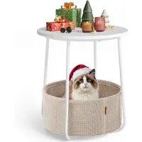 Vasagle Ronde bijzettafel met stoffen mand, Wit + beige