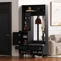 MODFU Kapstok 100x35x180 cm van MDF, vrijstaand met schoenenbank en 4 haken, zwart