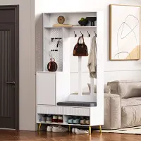 MODFU Kapstok 100x35x180 cm van MDF, met bank, 4 haken en 2 lades, wit